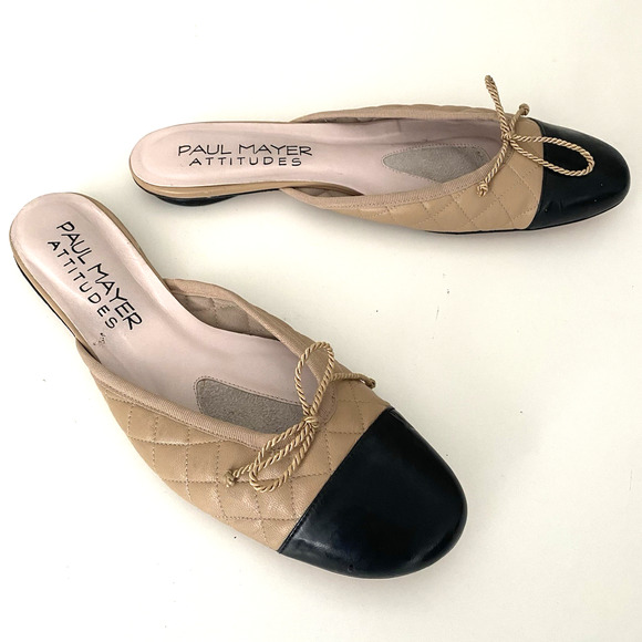 Paul Mayer Attitudes Quilted Mule Flat Slip On Nude Beige Black Cap Toe Round 11 - Picture 2 of 9